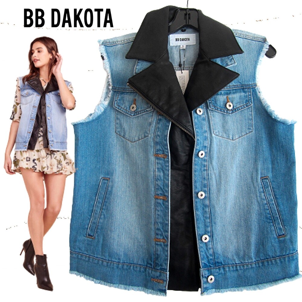 BB DAKOTA NEW Grunge REBEL Faux Leather Trim Raw Finish Denim Vest